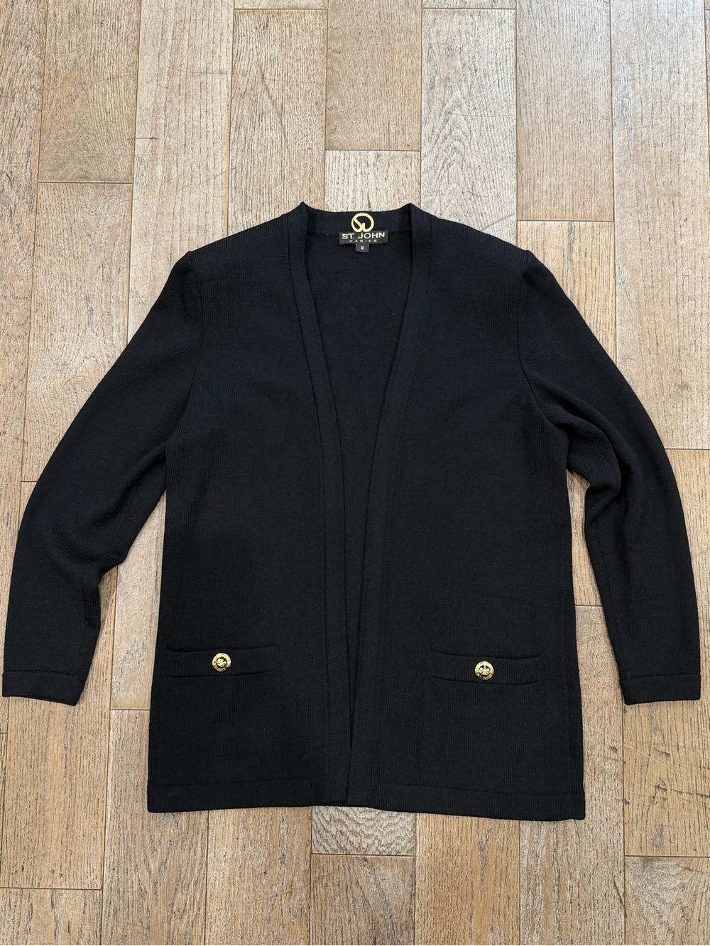 Vintage St. John Black Santana Knit Open Cardigan Jacket Gold Crest Buttons M